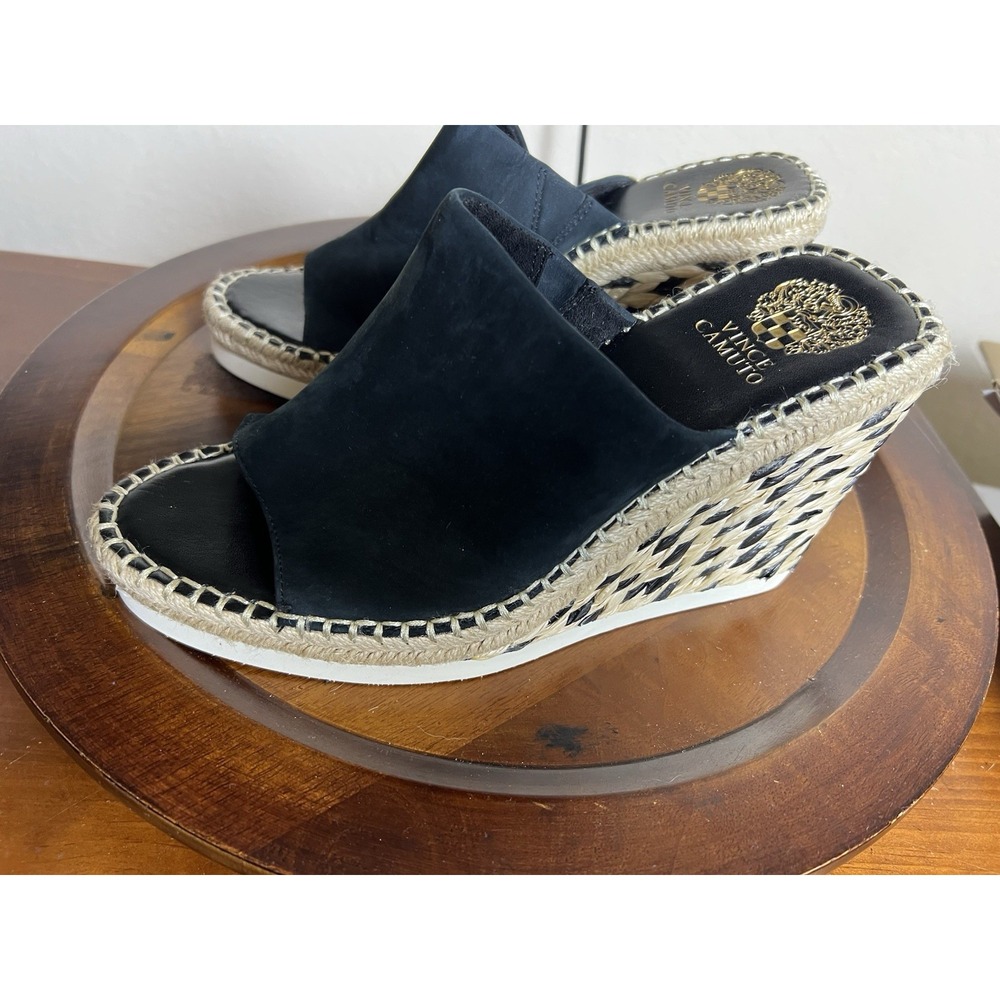 New Vince Camuto Brissia Wedge Mules Womens 9.5 Suede Platform Black Party Vacay